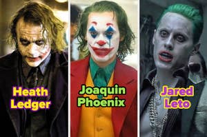 Heath Ledger, Joaquín Phoenix y Jared Leto caracterizados como el Joker en diferentes estilos
