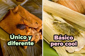 Imagen de dos tipos de tamales con etiquetas que dicen "Único y diferente" y "Básico pero cool"