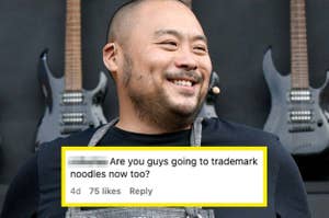 Chef smiles on stage with comment "Are you guys going to trademark noodles now too?" visible below
