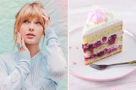 Left: Taylor Swift in a textured sweater, touching her head. Right: Slice of creamy layered cake with fruit filling
