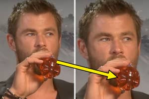Liam Hemsworth drinking a bottle of soda