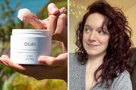 on left: hand scooping Ouai scalp and body scrub out of jar; on right: reviewer with frizz-free curly dark red hair after using Verb Ghost Oil