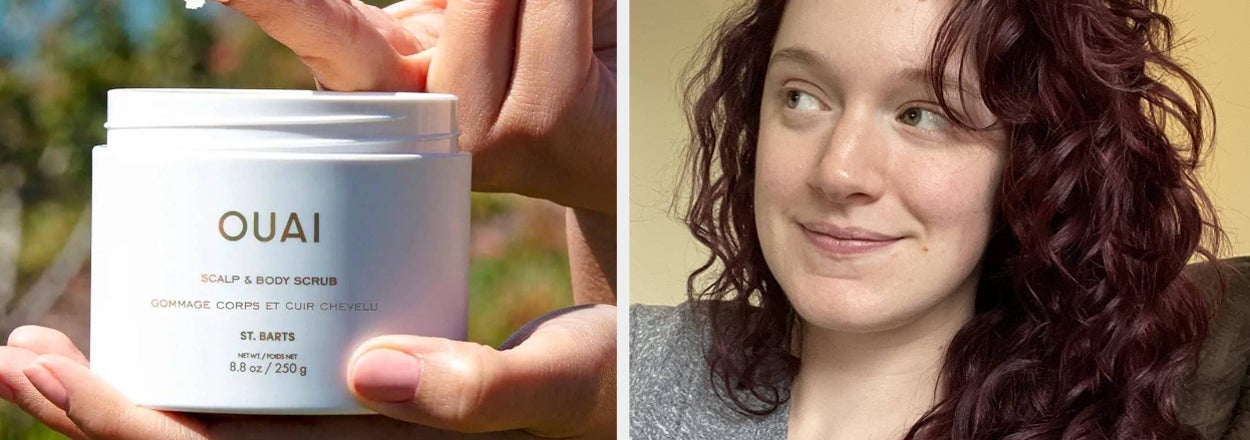 on left: hand scooping Ouai scalp and body scrub out of jar; on right: reviewer with frizz-free curly dark red hair after using Verb Ghost Oil