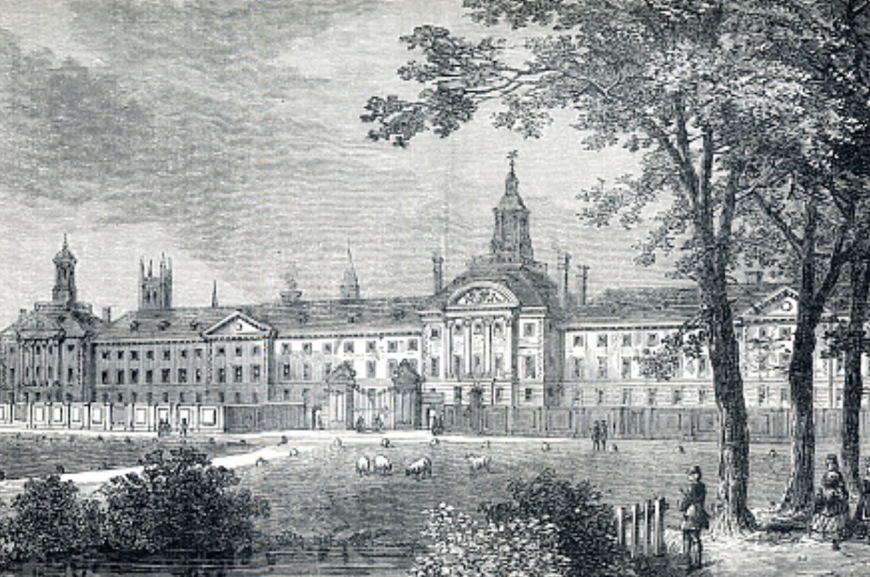 Historical engraving of a large, ornate building with spires, surrounded by trees and people milling about in front