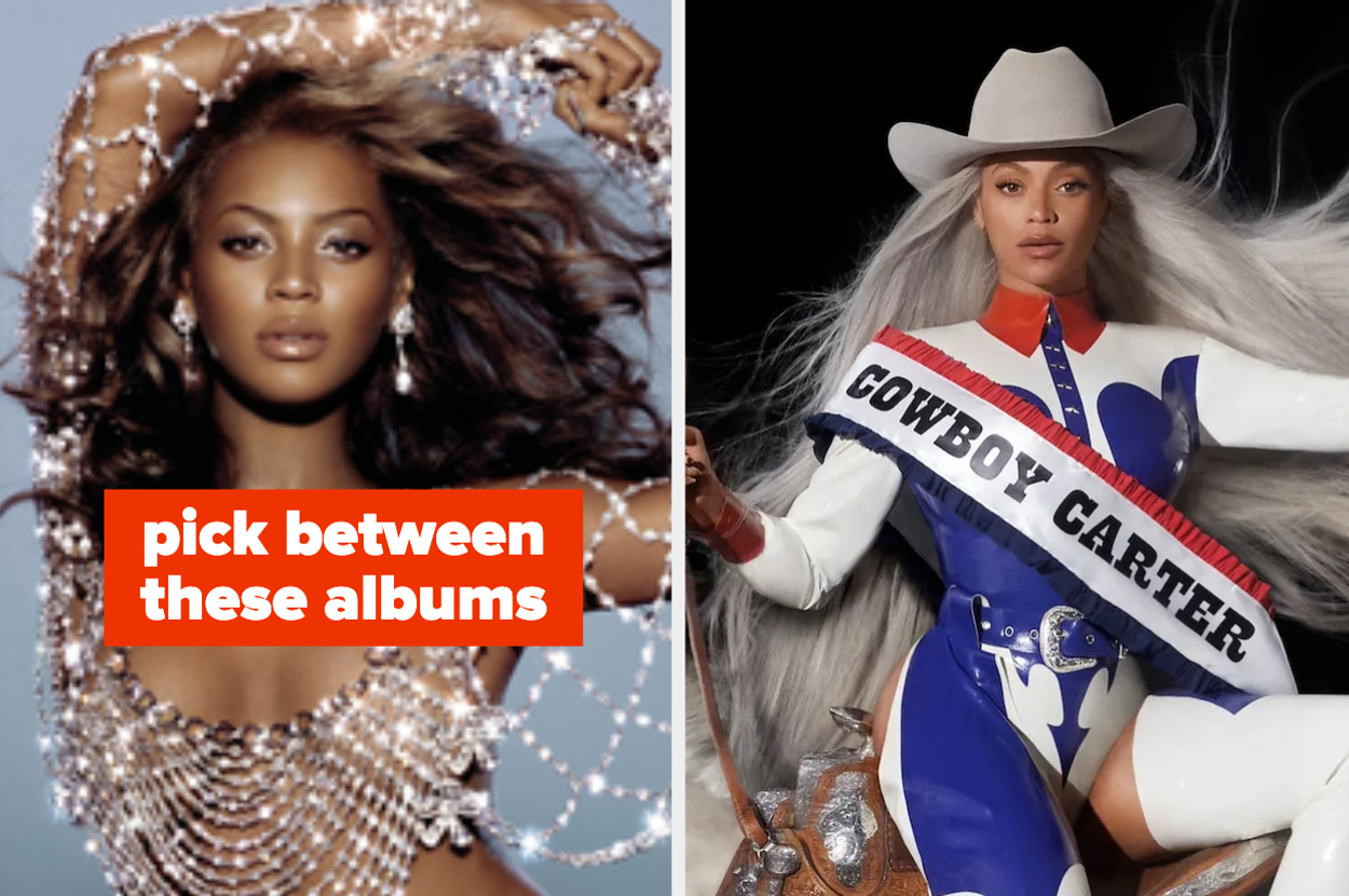 Two images of Beyoncé, one in a glittering headpiece, another as a cowgirl on a mechanical bull with "COWBOY CARTER" on her outfit. Text: "pick between these albums"