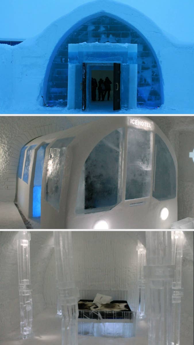Three images of an ice hotel with arched doorways, a room with a bed, and sculpted ice furniture