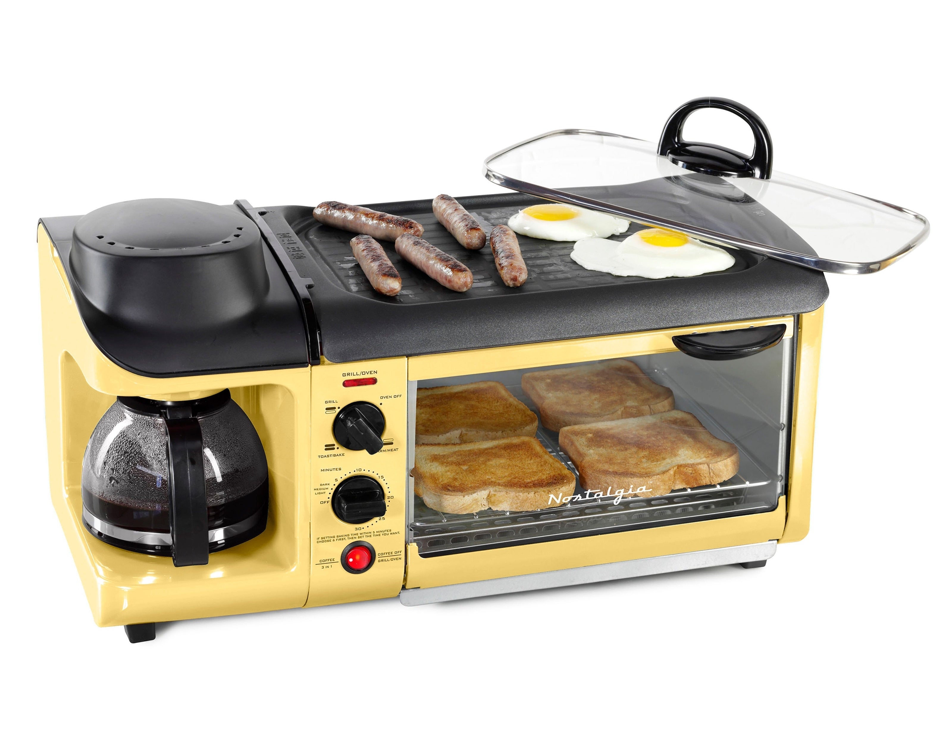 Compact breakfast station with coffee pot, griddle, and oven, with food cooking