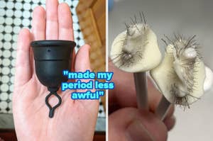 BuzzFeeder holding black menstrual cup / reviewer holding two wax sticks with nose hairs on them