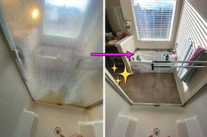 reviewers shower glass door with hard water stains and then after being cleaned with cleaner