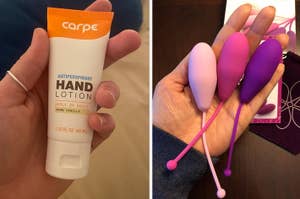 a hand holding antiperspirant lotion; a hand holding three kegel weights