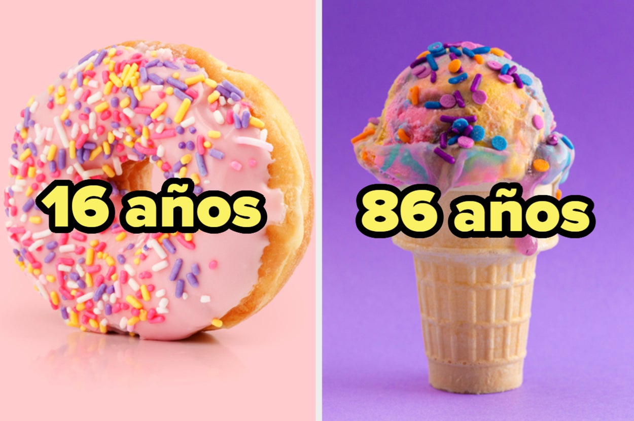 Un donut con chispas junto a un cono de helado, con números indicando 16 y 86 años respectivamente