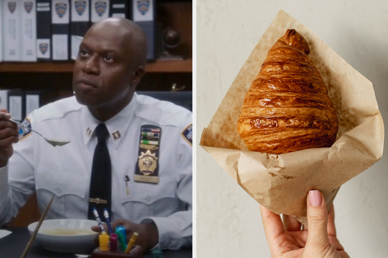 On the left, Captain Holt from Brooklyn Nine Nine eating soup, and on the right, someone holding a croissant