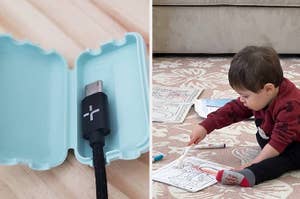 A child is focused on coloring a book on the floor next to a couch; a cable holder