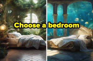 Split image: left side shows a forest-themed bedroom; right side features an underwater-themed bedroom. Text reads "Choose a bedroom."