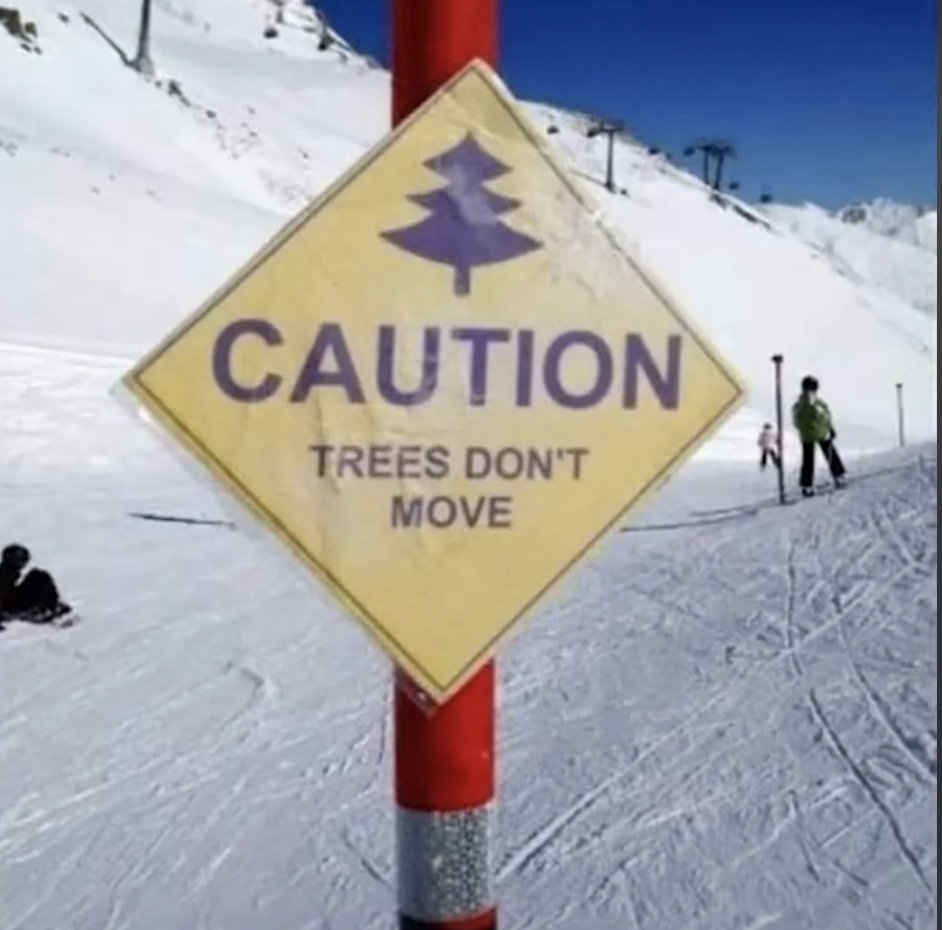 A caution sign on a ski slope reads &quot;TREES DON&#x27;T MOVE&quot; with a skier and snowboarder in the background