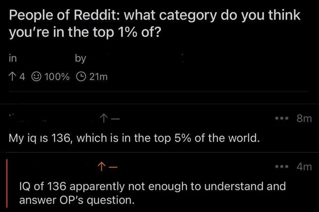 Reddit screenshot: users discuss being in the top 1%, with a focus on IQ scores and misunderstanding the initial question