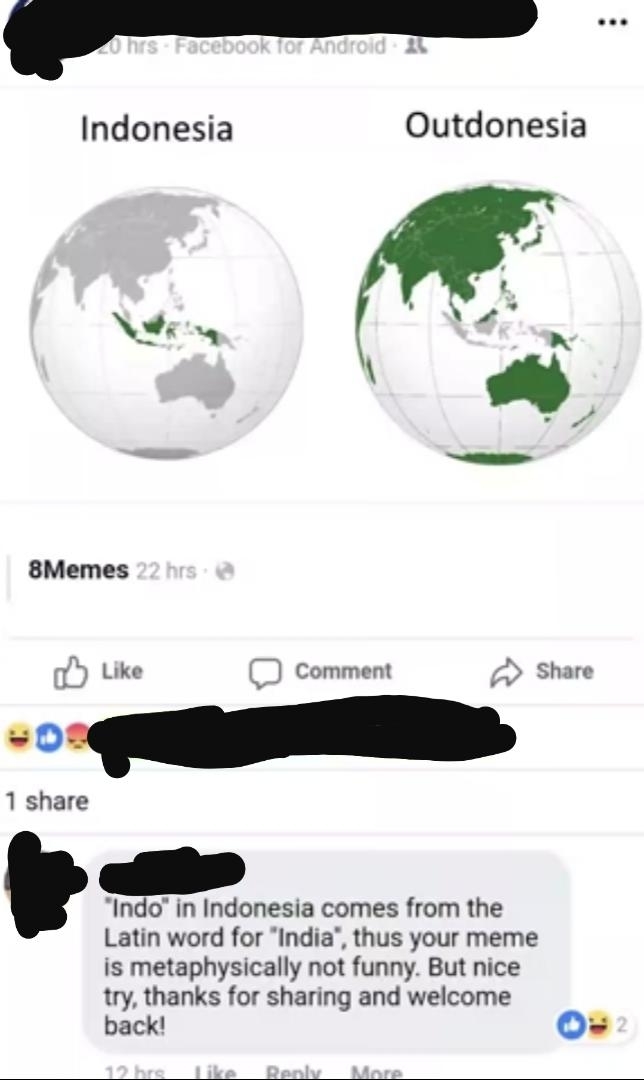 Meme with globes comparing &quot;Indonesia&quot; and larger &quot;Outdonesia,&quot; with comments discussing the humor in the image