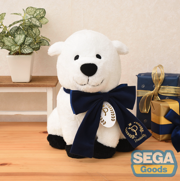 Plush toy dog with a blue bow sitting next to a gift box, ideal for shopping for children&#x27;s gifts