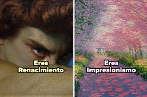 Dos pinturas: a la izquierda, un retrato realista; a la derecha, un paisaje impresionista. Texto: "Eres Renacimiento" y "Eres Impresionismo"