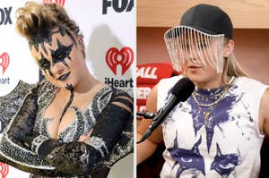 Celebrity on left in bold makeup with star designs and cut-out dress; Right, celebrity in cap, chain veil, and graphic tee