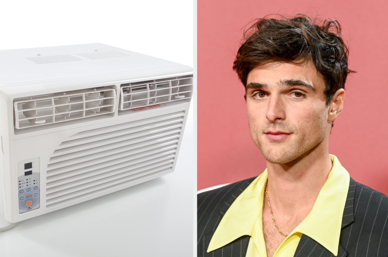 Wall-mounted air conditioning unit on the left; man in a striped suit with a yellow shirt on the right