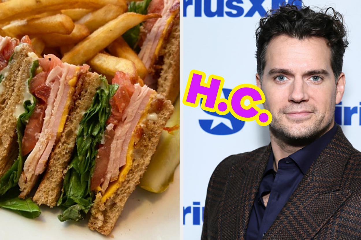 Two images: Left shows a club sandwich with fries; right features a man in a houndstooth jacket at an event