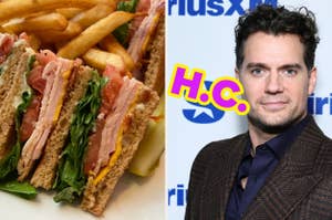 Two images: Left shows a club sandwich with fries; right features a man in a houndstooth jacket at an event