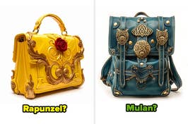 Two themed bags inspired by Belle with a rose design and Merida with a bear motif