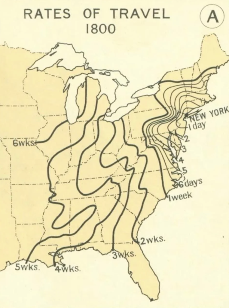 Map showing 1800 travel times from New York with isochronic lines for weeks to destinations