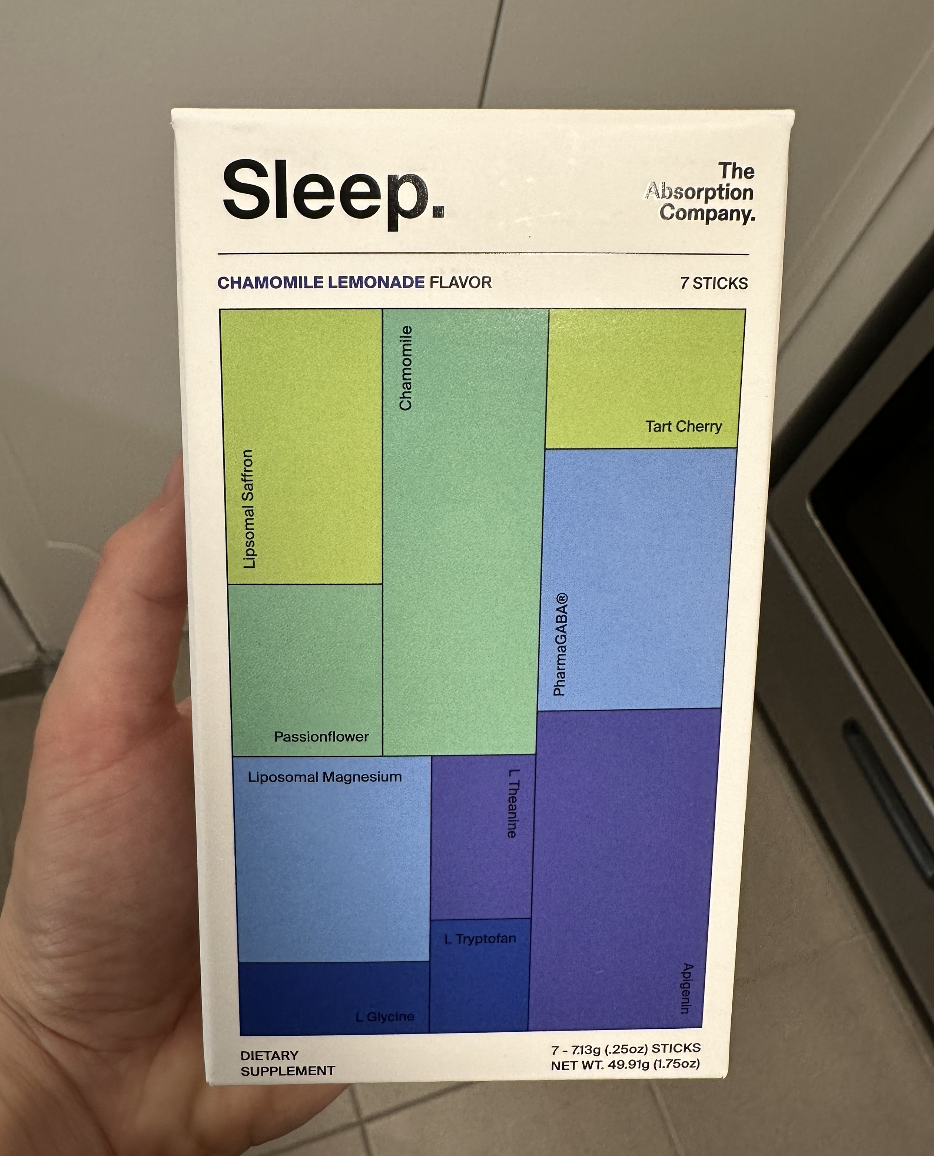 Hand holding a box of Sleep chamomile lemonade-flavored dietary supplement with ingredient chart