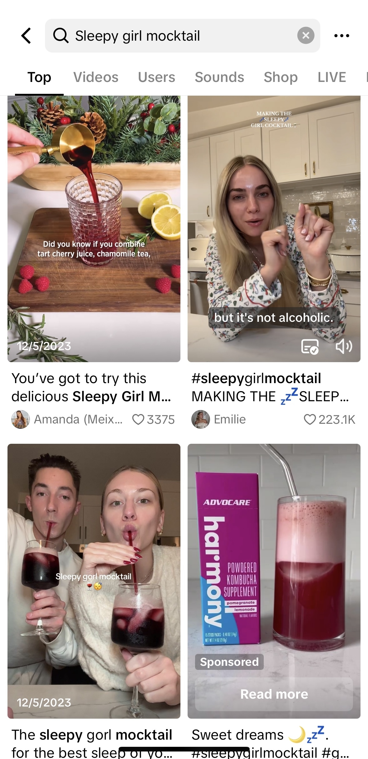 Collage of four images: three people holding drinks, and a text-based recipe for a &quot;Sleepy Girl&quot; cocktail