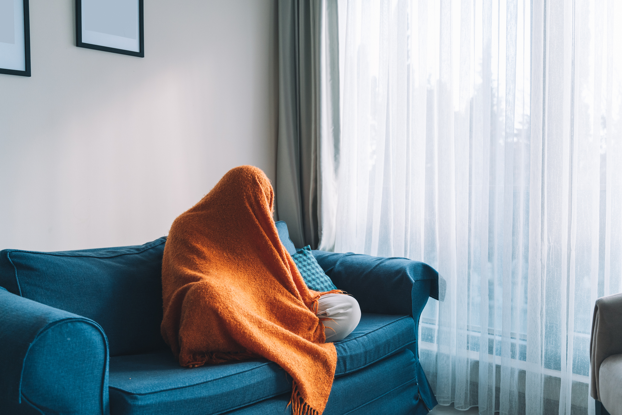 Person under orange blanket on blue couch, cozy domestic scene with natural light