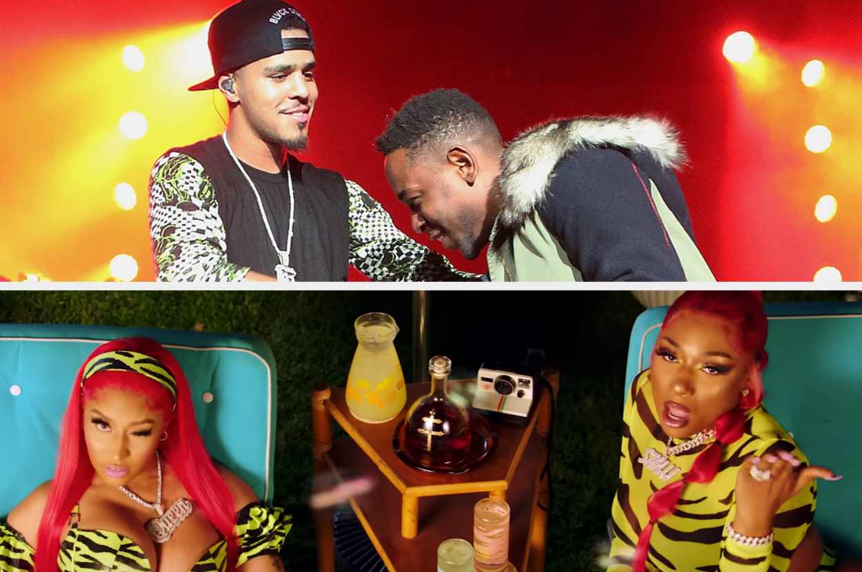 Three separate images, top image shows two men on stage, one in a baseball cap, bottom left features a woman with pink hair, and bottom right is also of a woman with pink hair