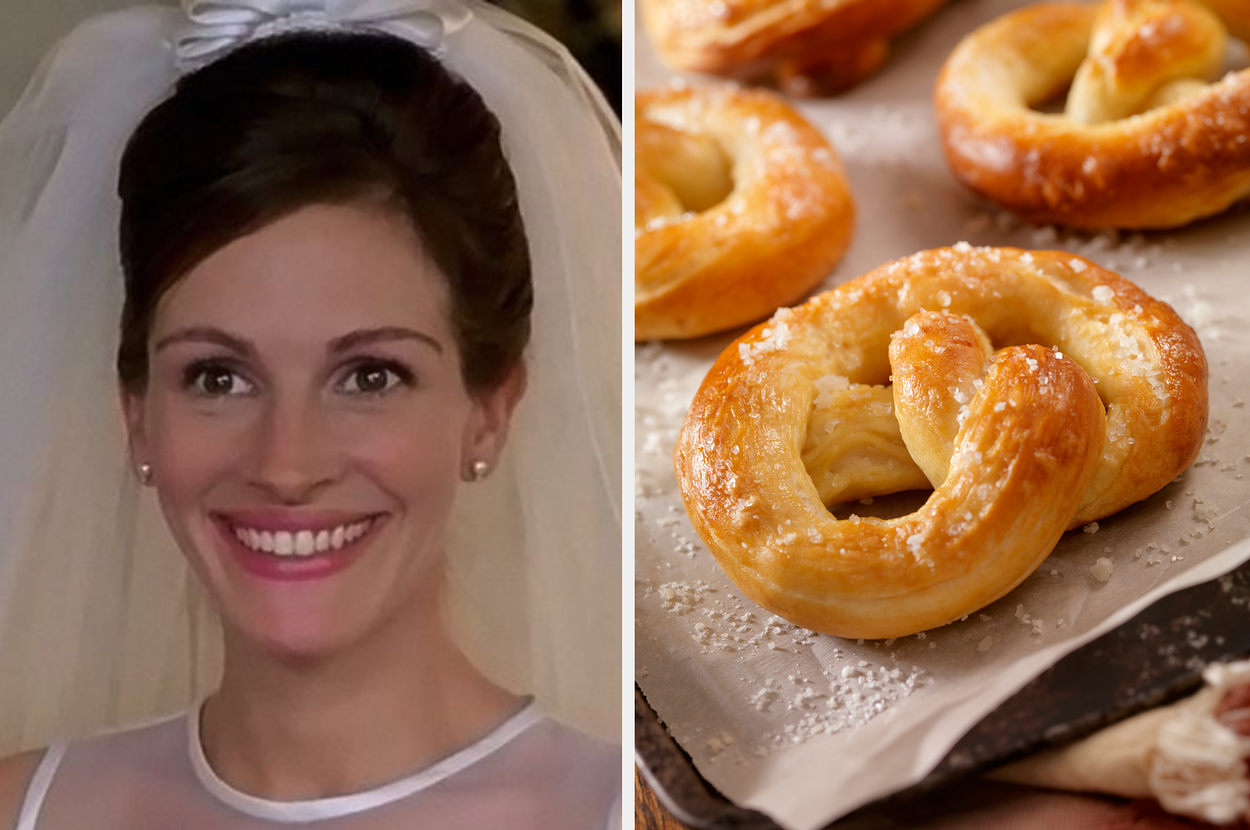 Bride smiling in a wedding dress; plate of pretzels to the right