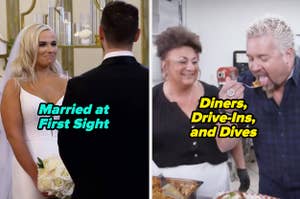Side-by-side TV show stills: Left, a bride and groom at an altar from "Married at First Sight." Right, chef tasting food on "Diners, Drive-Ins, and Dives."