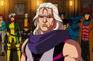 Animated character Magneto in the foreground with X-Men team Wolverine, Storm, Cyclops, Beast, Jean Grey, and Gambit in the background