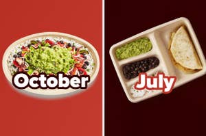 Side-by-side images of meals with "October" and "July" labels, suggesting seasonal food options