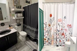 reviewer's black shower curtain with white geometric pattern and a reviewer's floral shower curtain
