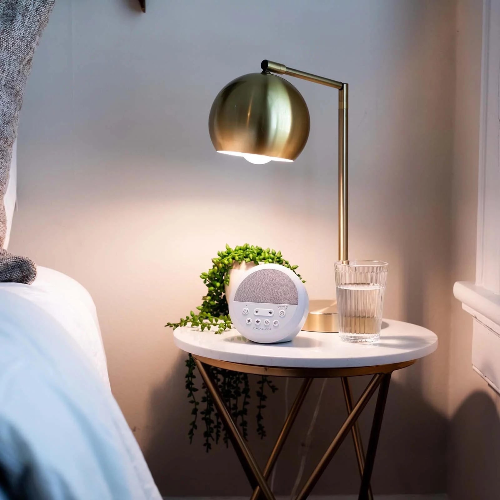 Modern bedside table featuring a stylish lamp, a smart speaker, a plant, and a glass of water
