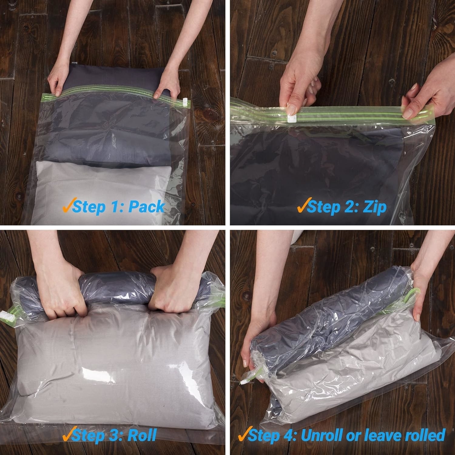 Four-step illustrated guide to using a vacuum seal bag for efficient packing