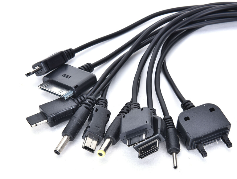 Assorted electronic cables with various connectors, including USB and HDMI, for different devices