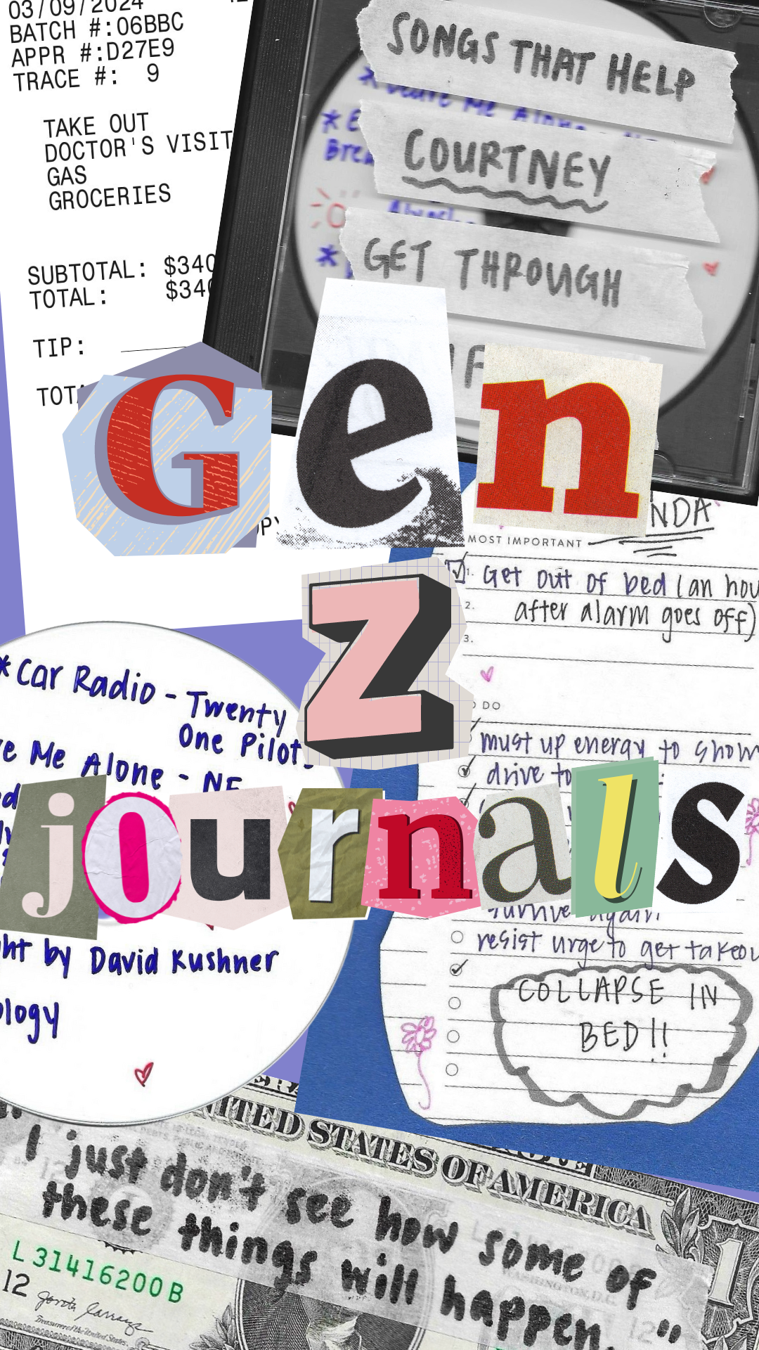 Collage with various texts including &quot;Gen Z&quot;, &quot;journal&quot;, and snippets of different notes and messages