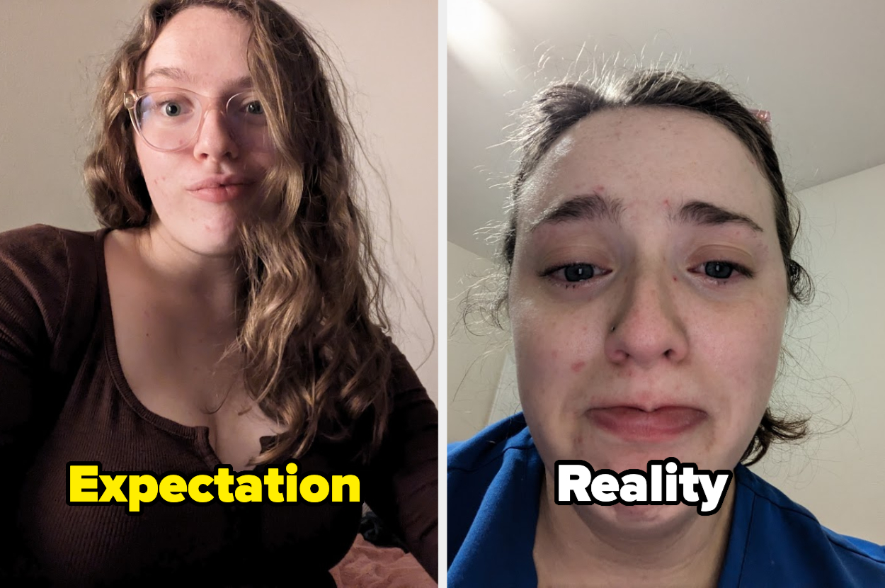 Split image of a woman; left with styled hair and makeup, right looking upset without makeup. Text: &quot;Expectation vs Reality.&quot;