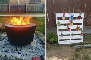 Fire pit in use and a DIY pallet garden with colorful hanging pots