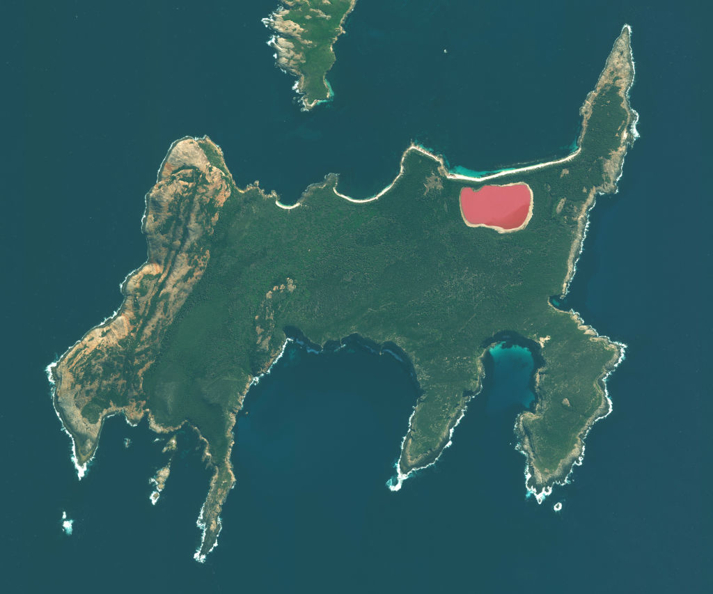 Satellite view of landmass with a uniquely heart-shaped lake in the center