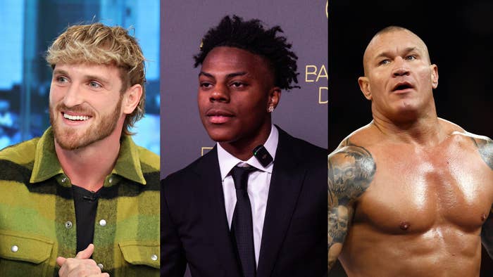 Logan Paul smiling in a plaid jacket, JuJu Smith-Schuster in a black suit, and wrestler John Cena shirtless in the ring