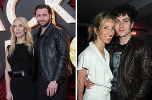 Two side-by-side photos: On the left, a man in a black leather jacket, on the right, a young man with curly hair, both with a woman in dress