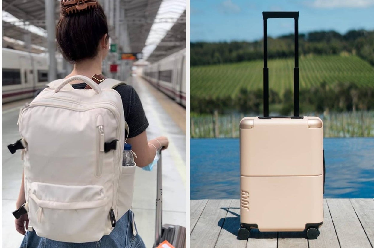 Person at a train station wearing a backpack next to an image of a standalone suitcase outdoors
