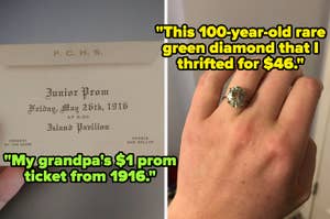Two images: Left shows a vintage 1916 prom ticket; right, a hand wearing a thrifted green diamond ring