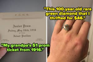 Two images: Left shows a vintage 1916 prom ticket; right, a hand wearing a thrifted green diamond ring